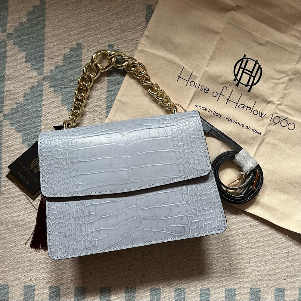 NWT House of Harlow 1960 Croc Embossed Leather Chain Crossbody Bag Blue Pale New